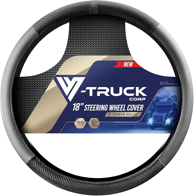 18-Inch Genuine Leather Steering Wheel Cover for Semi Trucks – Grey with Black Carbon Fiber Imitation, Heavy-Duty Non-Slip Grip, Universal Fit, Easy Installation