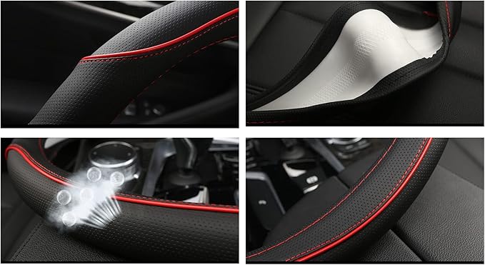 D Shape Car Steering Wheel Cover, Universal 15 inch Stitching Color Anti-Slip Steering Wheel Protector, Red and Black Style (