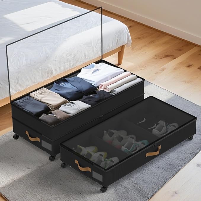 Under Bed Storage with Wheels 4-Pack, 75L XXL Under the Bed Storage Containers Large, 12" Tall Adjustable Storage for Underbe