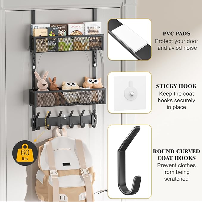 LUCYCAZ Adjustable Over The Door Hooks Organizer, Over The Door Towel Rack with 10 Coat Hooks & 2 Mesh Basket, Multi-Purpose 