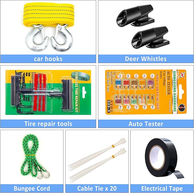 AUTODECO 105 PCS Roadside Car Emergency Assistance Kit with Portable Air Compressor Jumper Cables