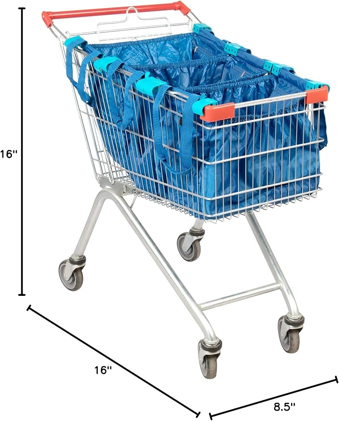 Handy Sandy Cart Caddy – 3-Pack Reusable Shopping Bags with Cart Clips | Heavy-Duty Grocery Organizer Tote Set | Eco-Friendly, Foldable, 40 lb Capacity | Blue