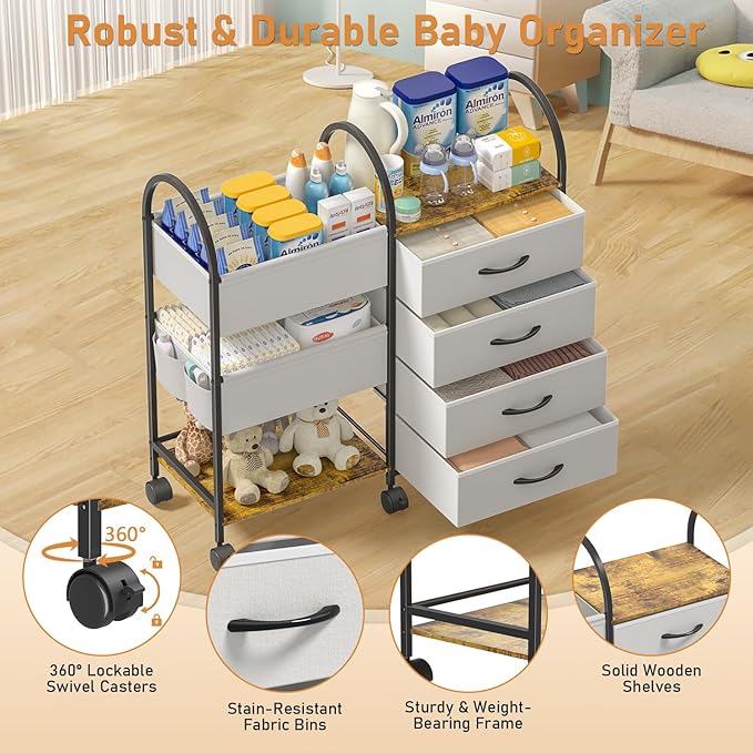 Baby Diaper Caddy Organizer Cart with Wheels, 4-Tier Rolling Diaper Cart with Dividers and Drawers, Multi-Layer Nursery Stora