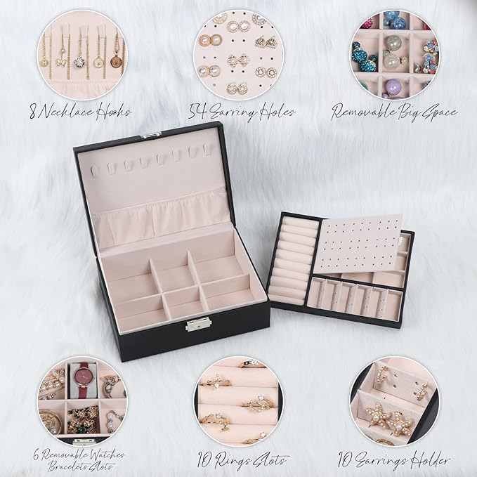 Jewelry Box for Women Girls, 2 Layers Jewelry Organizer Container with Lock, PU Leather Storage Case with Removable Tray, Jew