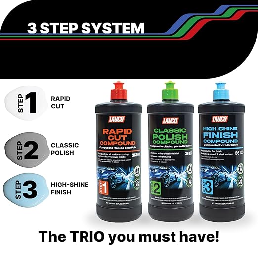 LAUCO 3-Step Kit – Steps 1 2 3 – 32oz, with a Towel, Professional Silicone-Free Cutting, Polishing & Finishing Compounds for Scratch Removal, Clear Coat Safe High-Gloss Finish