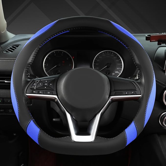 West Llama Flat Bottom Car Steering Wheel Cover for Nissan,D Shaped Steering Wheel Cover for Rogue,Altima,Kicks (Black+Blue-S