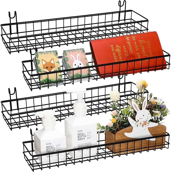 Blulu 4 Pcs 15.75 x 3.94 x 1.97 Inch Metal Grid Wall Baskets with Hooks Grid Wall Shelves Hanging Wire Basket Multi Function 