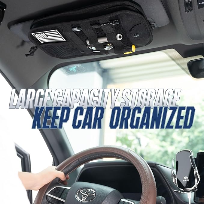Car Sun Visor Organizer, Multi-Pocket Visor Organizer Storage Pouch with Zippers, Elastic Bands & Glasses Clip, Car Visor Accessories