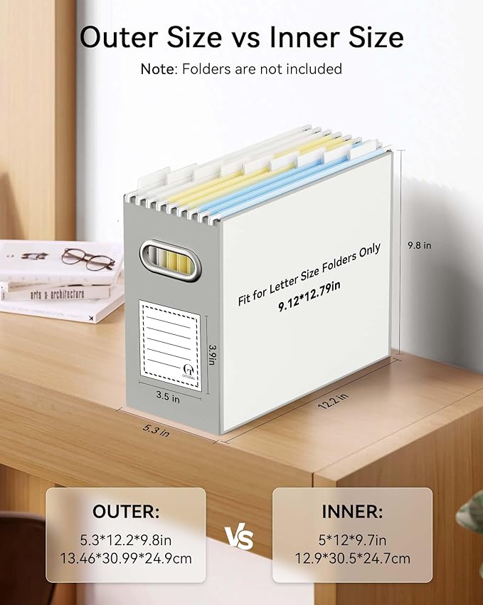 Oterri File Organizer Box, Portable Collapsible Cardboard File Folder Organizer with Handle for Letter Size Hanging Files, Do