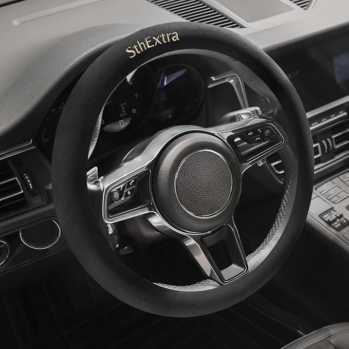 Suede Steering Wheel Cover with Upgraded Silicone Inner Ring, Anti Heat, Breathable, Anti-Slip, Leather Universal 14.5 to 15 