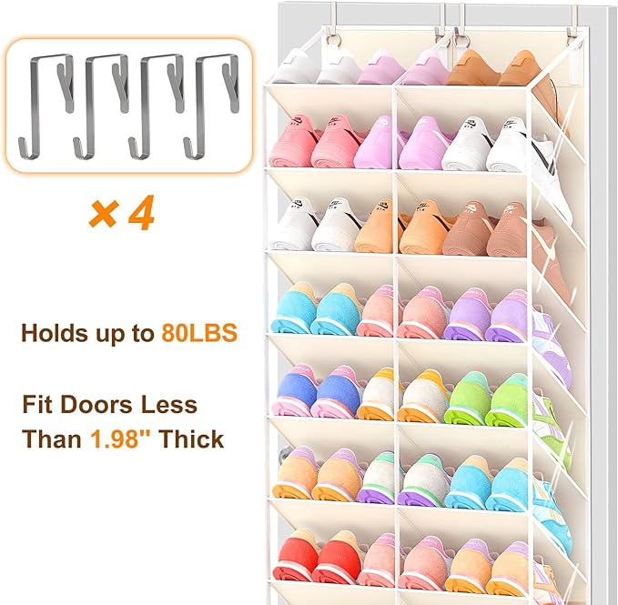 UVIAHOMI 20-30 Pairs Over the Door Shoe Organizer, Clear Pockets Hanging Shoe Storage for Closet, 10-Tier Door Shoes Rack, Ha