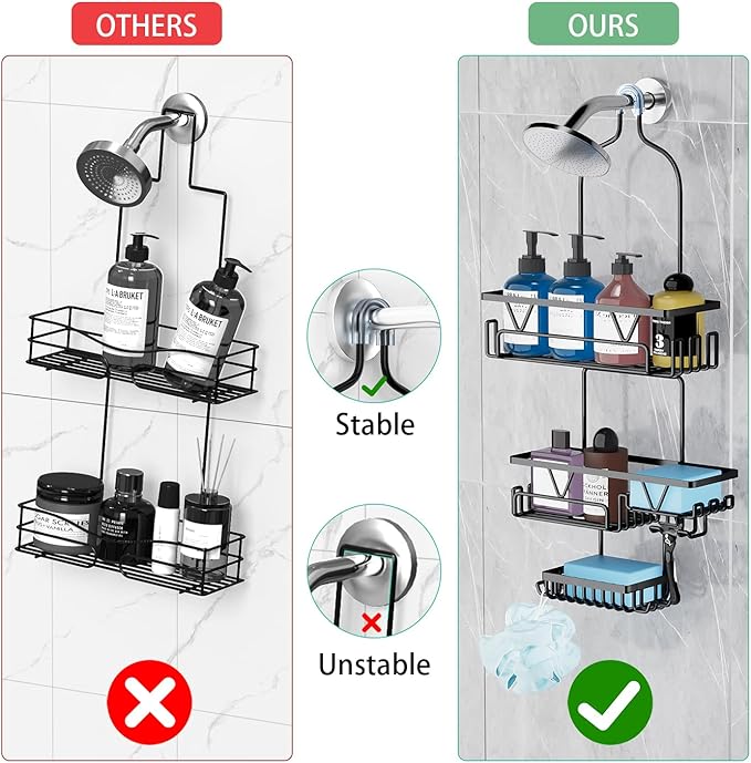DAOYA Over the Shower Head Caddy with 2 Baskets & Soap Holder, Non-Slip Design for 0.82-Inch Showers, Black, Stainless Steel