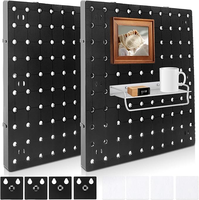 2 PCS Pegboard Wall Organizer, Self-Adhesive Peg Board Wall Panel Kits Pegboard Organizer and Storage Black Kits for Craft Ro