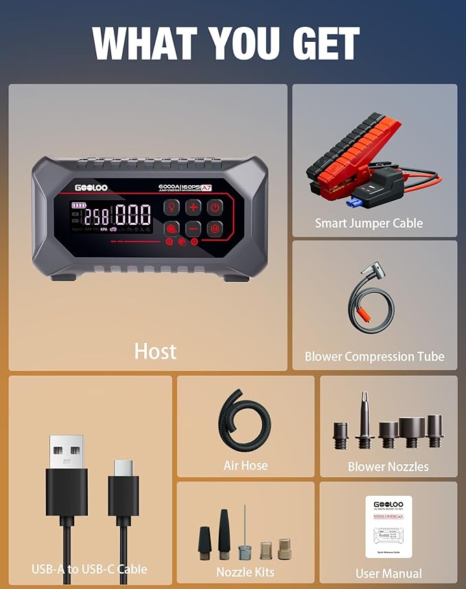GOOLOO A7 Jump Starter with Air Compressor 6000A &160PSI 12V Car Battery Jumper Starter Portable Booster Pack 12-in-1 Jump