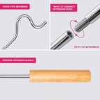 Closet Reacher Pole with Hook and Wooden Handle, Heavy Duty - Adjustable 2.75-5 Feet, Chrome Plated Steel Clothing Hanger She