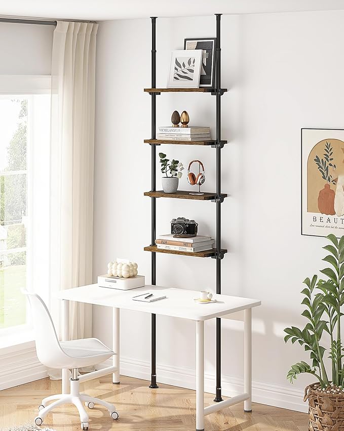 ALLZONE Adjustable Tall Narrow Bookshelf for Bedroom, 4-Tier Ladder Bookcase for Small Spaces, Tension Mount Tall Skinny Book