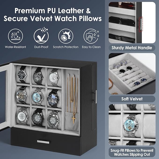 9-Slot Watch Display Case with Necklace Display, High End Men Jewelry Box w/ Drawer, Standing Watch Box for Men w/ Clear Lid,