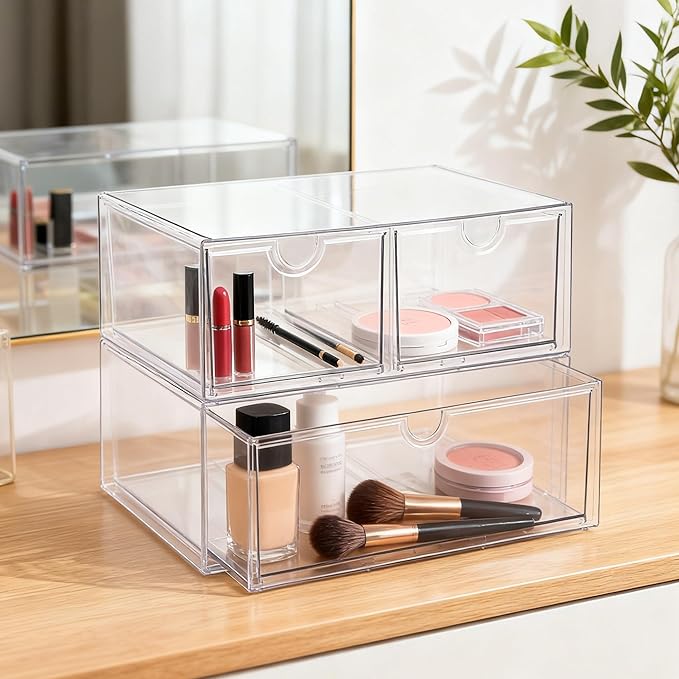 Prsildan Acrylic Drawer Makeup Organizer with 3 Drawers, Clear Stackable Storage for Baby Bottles, Craft, Jewelry & Hair Acce