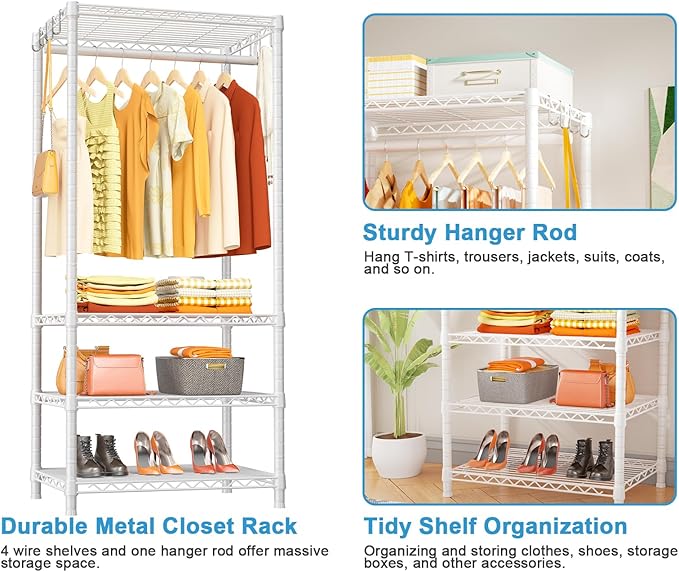 Ulif H4 Mini Portable Closet, 4 Tiers Freestanding Clothing Garment Rack for Small Space, Metal Clothes Wardrobe System for B