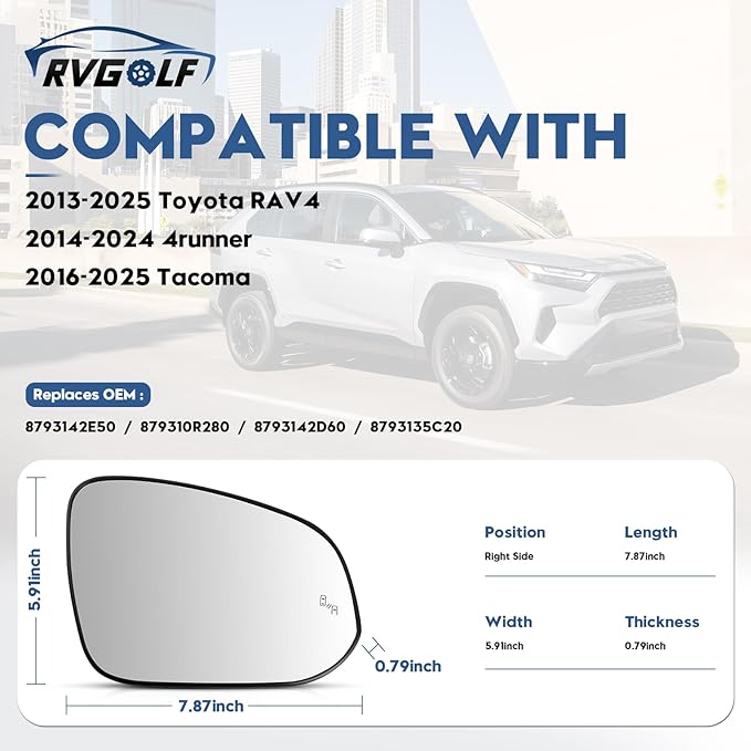 Blind Spot Mirrors for 2013-2025 RAV4, 2014-2024 4runner, 2016-2025 Tacoma, Passenger Side Mirror Replacement with Blind Spot Warning Light, Power Heated Mirrors for Anti-Fog, Durable Backing Plate