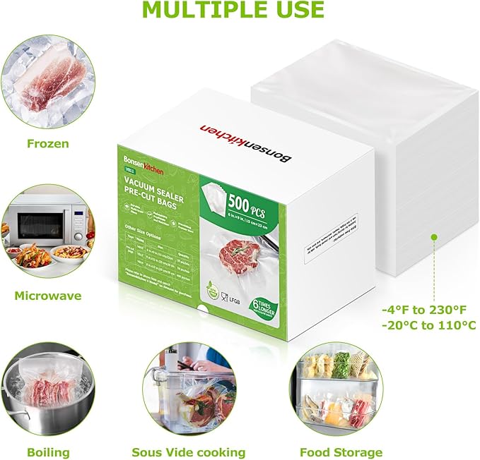 Bonsenkitchen Precut Vacuum Sealer Bags, 500 Pint 6" x 9" Food Sealer Bags,Commercial Grade, BPA Free, Heavy Duty, Customized