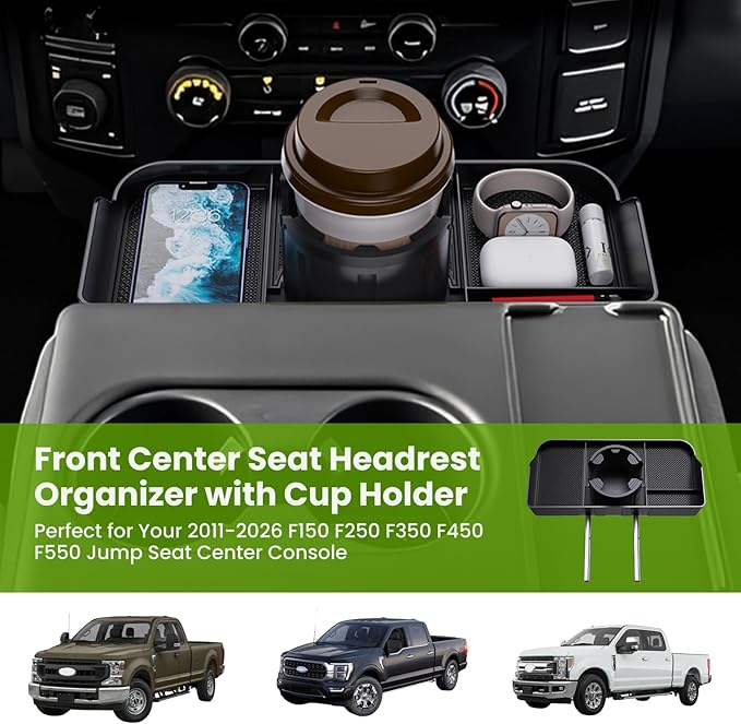 Kaishengyuan Front Center Seat Headrest Organizer Compatible with 2011-2025 2026 Ford F150 F250 F350 F450 F550 F650 Accessories, Compartment Tray Container Storage Box with Cup Holder(Jump Seat Only)