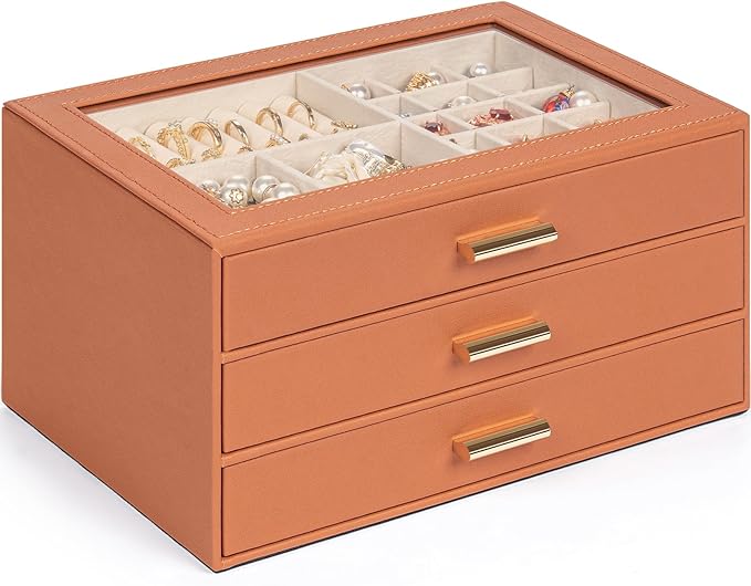 AKOZLIN Jewelry Box with Clear Lid Functional Leather Jewelry Storage Organizer Case 3 Drawers for Women Girls Necklace Ring 