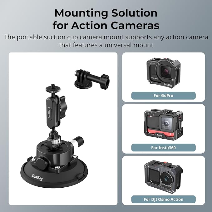 SMALLRIG 4.5" Suction Cup Mount with Ball Head Magic Arm, Camera Mount for DJI Osmo Action 5 Pro/4, for Insta360 x5, for Gopro 13/12,on Car Windshield or Window, Compatible with Action Cameras-5855