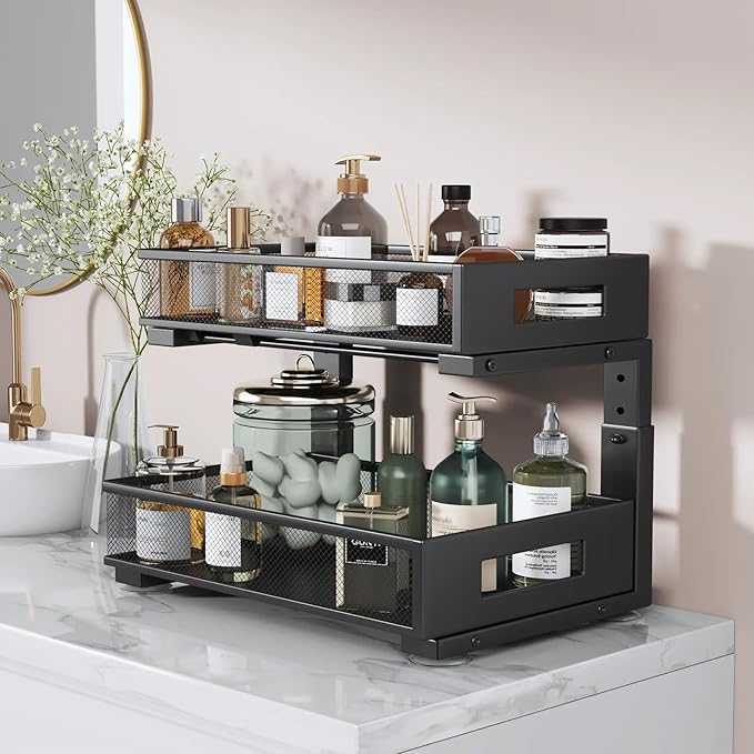 2 Packs 17IN Depth Under Sink Organizer, 2-Tier Pull Out Cabinet Organizer With Smooth Circular Rail, Large Capacity Metal Me