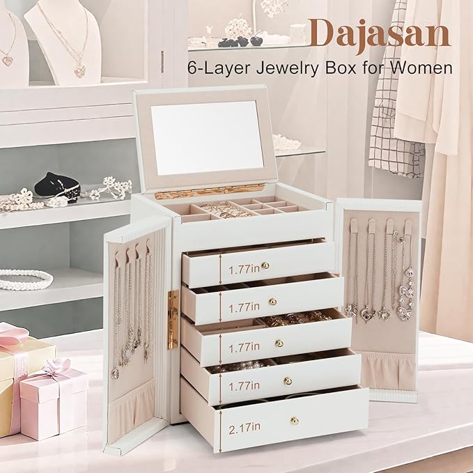 Dajasan Large Jewelry Organizer Box, Jewelry Boxes for Women Girls, 6-Tier Jewelry Storage Organizer with Mirror for Necklace