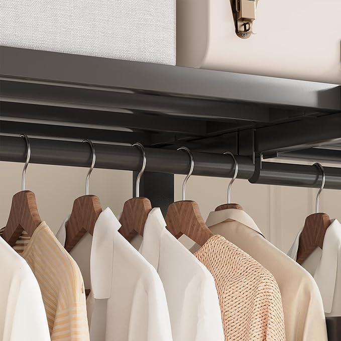 Heavy Duty Portable Closet Wardrobe, Garment Rack with Cover & Hanging Rods, Freestanding Wardrobe with Magnetic Door, Metal 