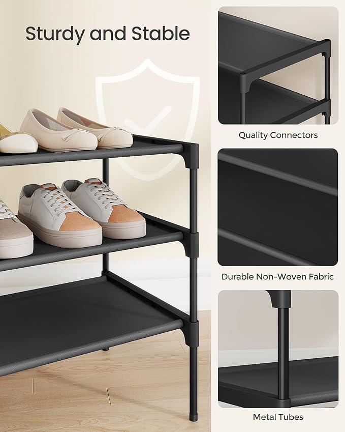 SONGMICS Shoe Rack, 3-Tier Shoe Storage Organizer, Space-Saving, 11.7 x 36.1 x 21 Inches, Entryway, Metal Frame, Non-Woven Fa