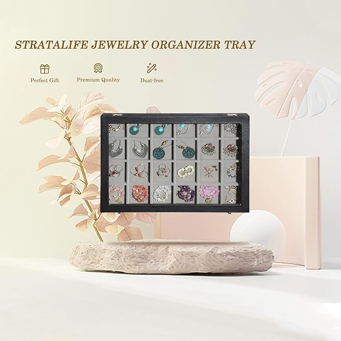 Stratalife Earring Organizer Velvet Jewelry Organizer Box 24 Grid Earring Tray Jewelry Display Jewelry Storage Jewelry Trays 