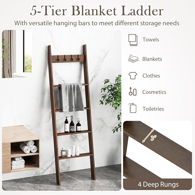 Giantex Bamboo Blanket Ladder, 5-Tier Ladder Shelf w/ 4 Removable Hooks, Decorative Wall Leaning Ladder, Blanket Holder w/Ant