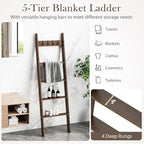 Giantex Bamboo Blanket Ladder, 5-Tier Ladder Shelf w/ 4 Removable Hooks, Decorative Wall Leaning Ladder, Blanket Holder w/Ant