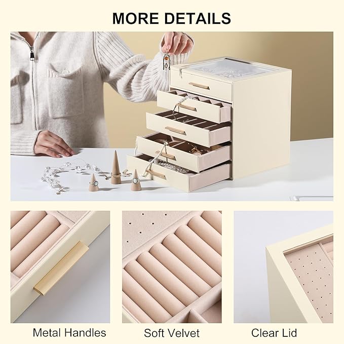 Frebeauty Clear Lid Jewelry Box,5-Layer Jewelry Organizer with Drawer,PU Leather Jewelry Organizers and Storage,Jewelry Boxes