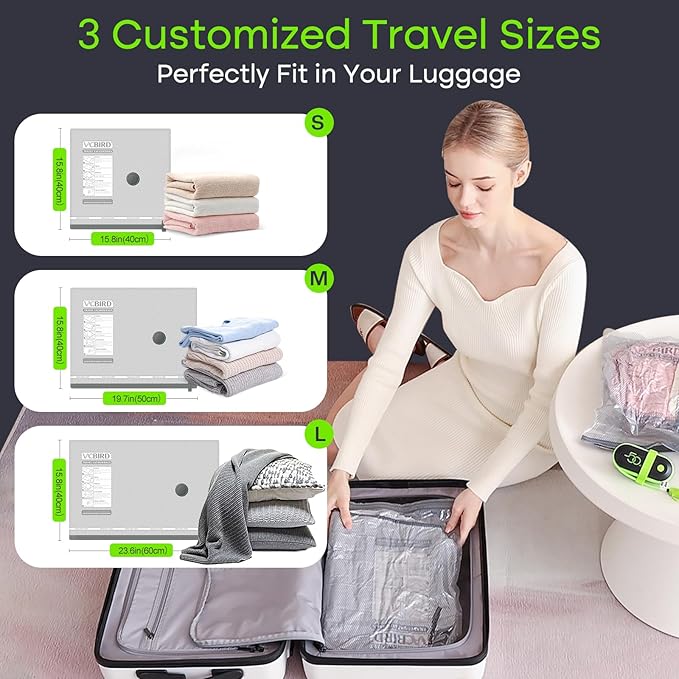 Vacbird Vacuum Bags for Travel with USB Electric Pump, 15 Pack Carry-on Size Compression Packing for Luggage and Suitcase, Sp
