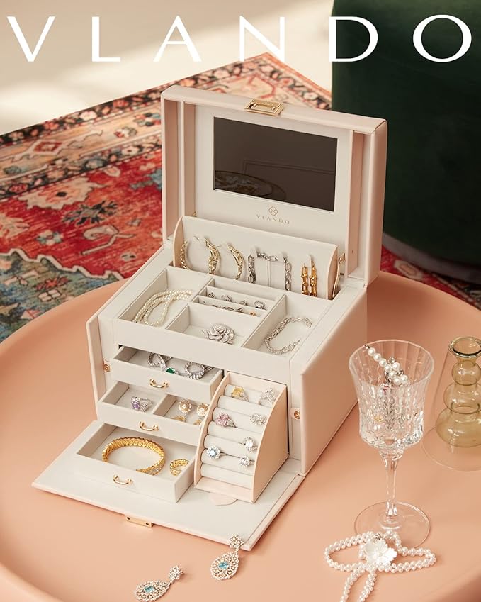 Vlando Jewelry Box Organizer for Girls Women, Large Baroque Jewelry Holder Organizer with Mirror, 3 Drawers for Bracelets, Ea
