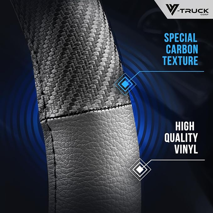 18-Inch Genuine Leather Steering Wheel Cover for Semi Trucks – Grey with Black Carbon Fiber Imitation, Heavy-Duty Non-Slip Grip, Universal Fit, Easy Installation