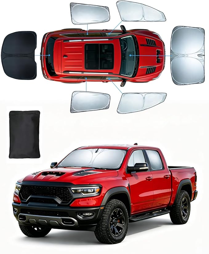 Sun Shades for Dodge RAM1500 2019-2025 Windshield Sunshade Accessories Full Window Shades Front Rear Side Window Covers Fixed Sun Visor for Ram 1500 Keep Car Cool Privacy 6 PCS Shades