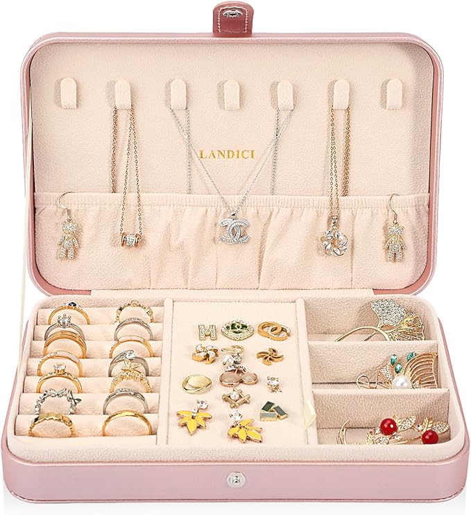 LANDICI Small Jewelry Box for Women Girls, PU Leather Travel Jewelry Case, Portable Jewelry Organizer Storage Holder Display 