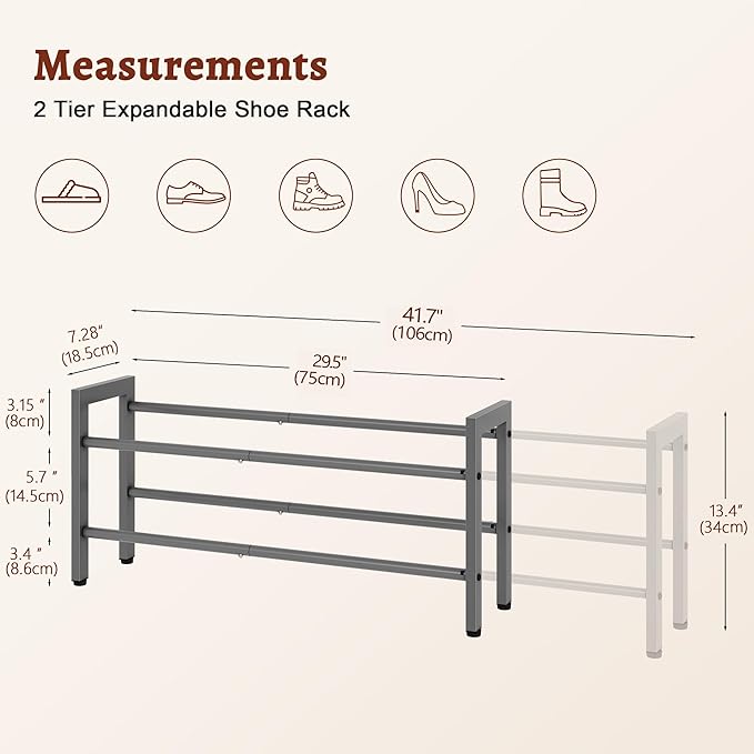 FAVOOSTY 2-Tier Expandable Shoe Rack, Adjustable Shoe Shelf Storage Organizer Space Saving Metal Free Standing Shoe Rack for 