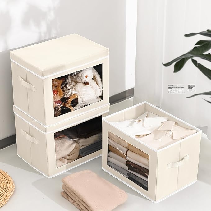 Homsorout Storage Bins with Lids, 3 Pack Large Storage Cubes with Window, Closet Bins with Lids & Handles, Fabric Box for Org