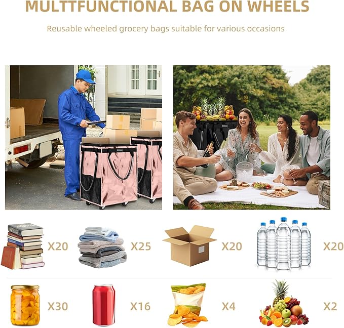 (Medium, Rose Gold) Reusable Grocery Bag on 4 Wheels, Foldable Rolling Tote Carries Up to 66lb Shopping Trolley, Rolling Bag with 3 Handles, Zipper Clouser Rolling Tote Bag with Wheels for Laundry