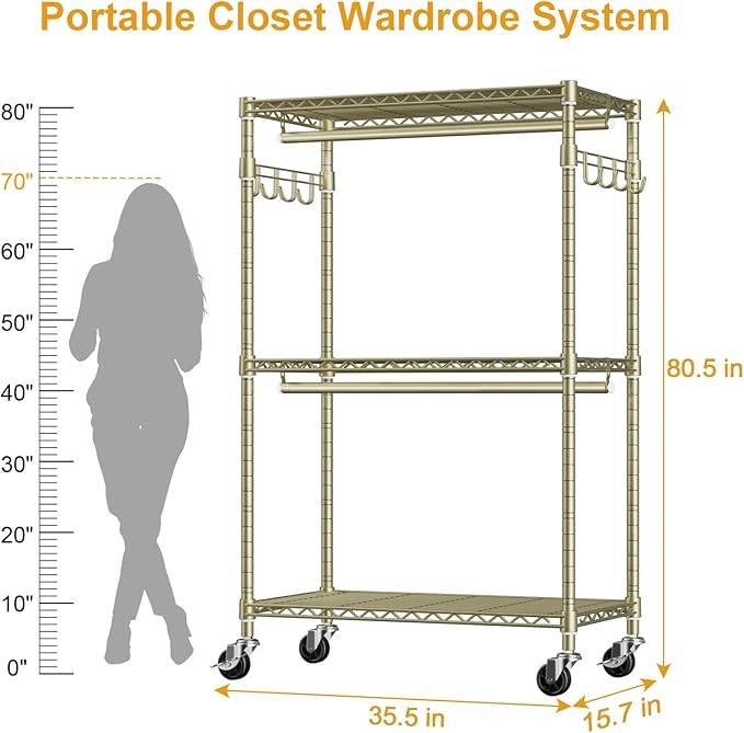 ULIFHOME P1 Rolling Clothes Rack, Portable Wardrobe Closet with Wheels, Heavy-Duty Closet Clothing Rack for Hanging Clothes, 