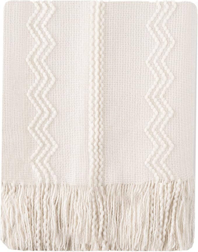 BATTILO HOME Cream Throw Blanket for Couch, Bedroom Decor Boho Throw Blanket, Decorative White Blanket Throw for Sofa Living 