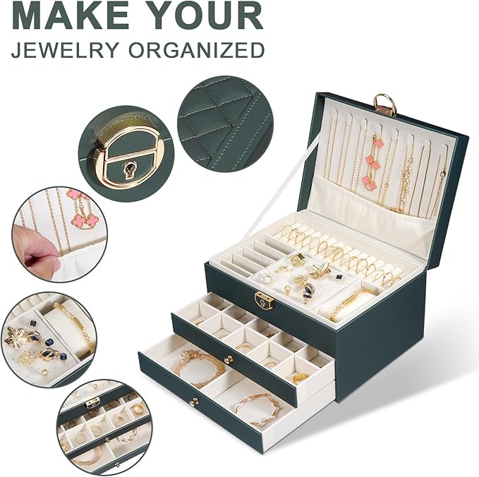 GUOER Jewelry Box for Women Girl Wife 3 Layers Large PU Leather Jewelry Organizer Storage Case with Two drawers Display for E