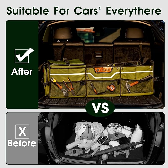 Car Trunk Organizer for SUV, Heavy Duty Waterproof Trunk Organizer, Foldable Collapsible Car Organizer with Cooler, Multi-Comp