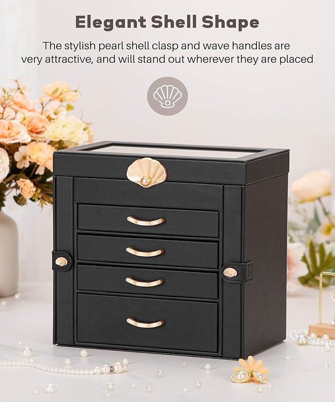 Enthralite Jewelry Box with 4 Drawers: Display Organizer for Earrings Necklaces - Gifts for Girls Women (Black)