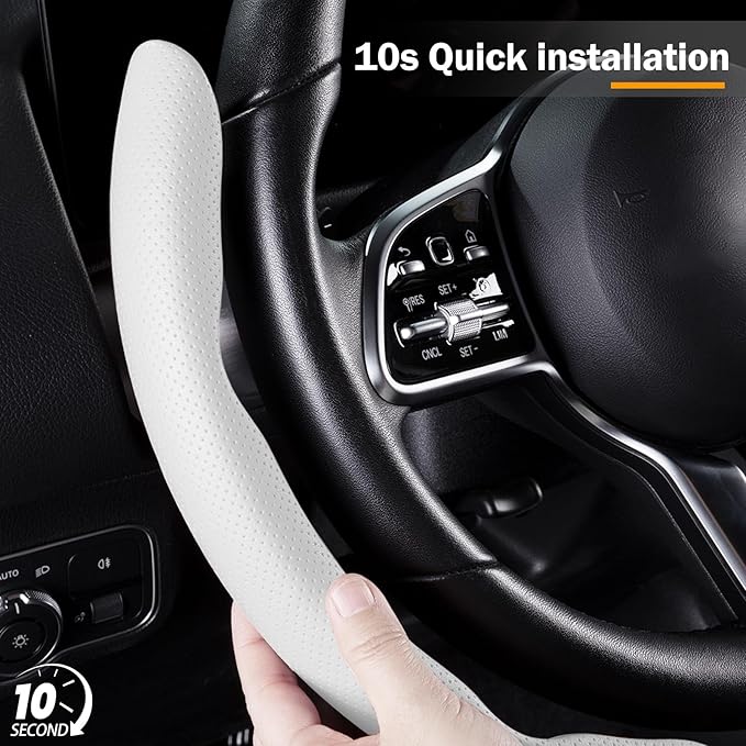 Nappa Leather Car Steering Wheel Cover for Men Women, Ultra-Thin Non-Slip Breathable Microfibre, Universal for 14.5"-15" Stee